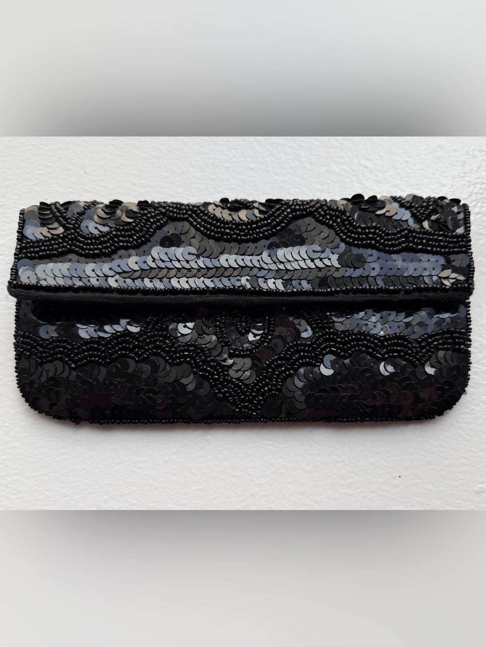 Black Sequin Beaded Fold-Over Evening Clutch